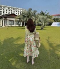 VRA0645-Set váy 2 dây hoa Vàng +áo khoác Xanh