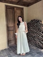 TB8505-Set áo sát nách nhúng bèo phối nút sau lưng +CV dài Kem