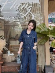 SKY8225-Set Jean CC, áo phối túi+quần suông X. Đậm