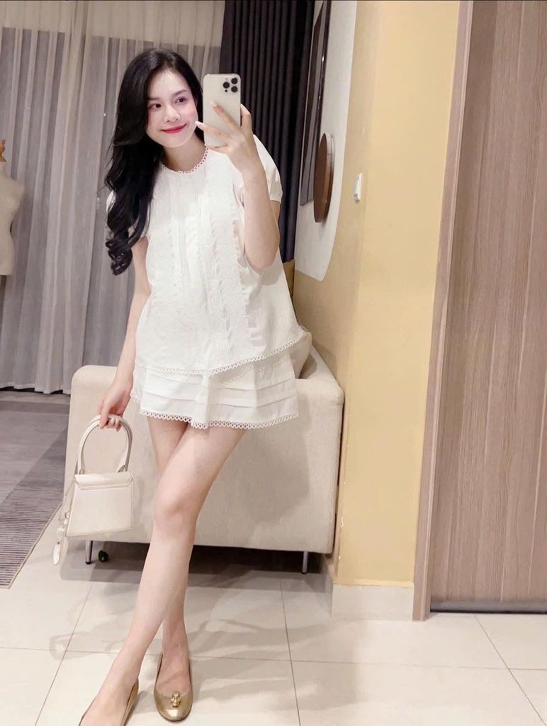 TQ4347-Set basic, áo li ngực phối ren+CV ngắn Trắng