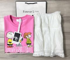 VRA0648-Set áo thun hồng in hình, CV tơ nhúng phối viền ren Trắng
