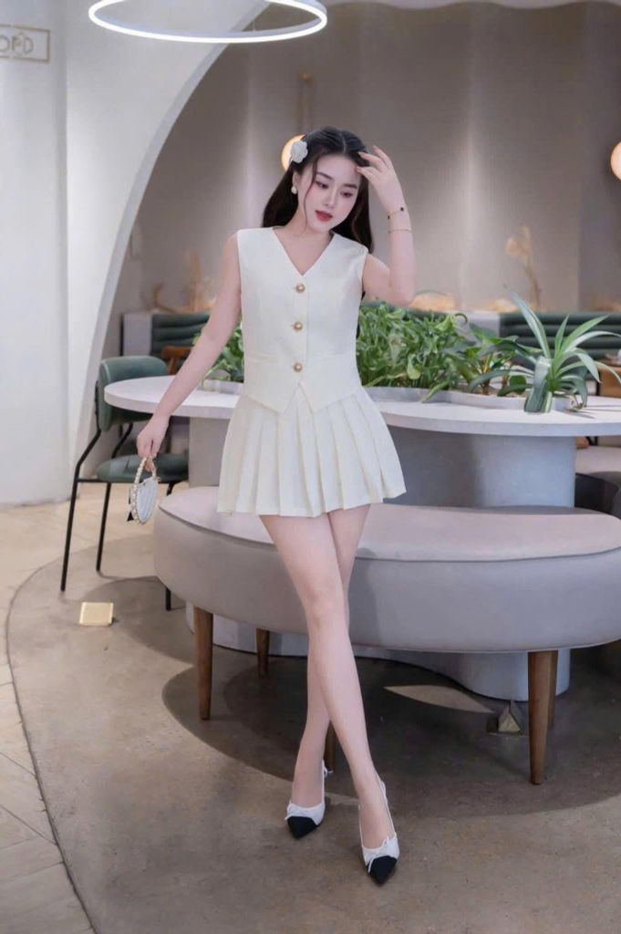 TQ4334 - SET ÁO GILE + CHÂN VÁY NGẮN XẾP LY FULL KEM