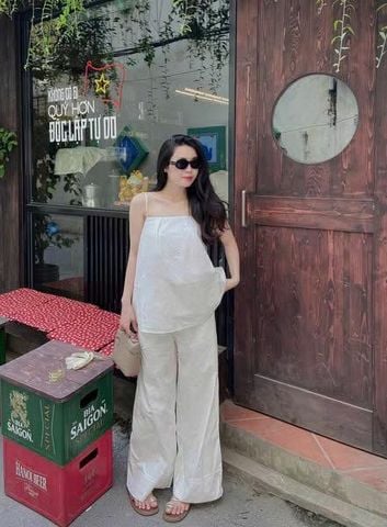 TQ4327-Set linen, áo 2 dây+quần suông Kem