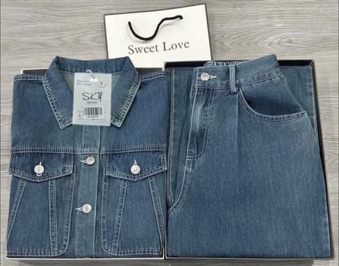 SKY8226-Set Jean CC, áo phối túi+quần suông X.Nhạt