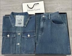 SKY8226-Set Jean CC, áo phối túi+quần suông X.Nhạt