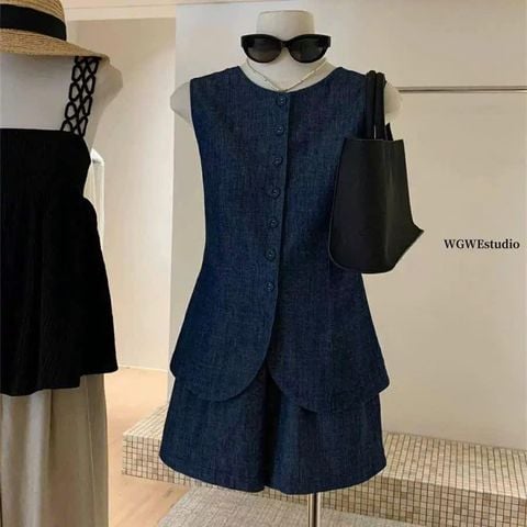 KS0875-Set jean, áo sát nách nút bọc +quần short X.Đen