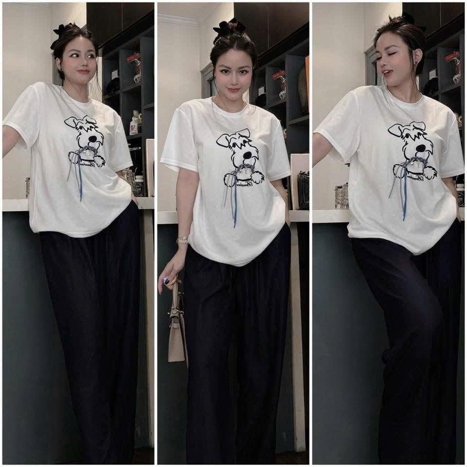 KS0862-Set áo thun trắng in cún đính charm, quần dài X.Đen