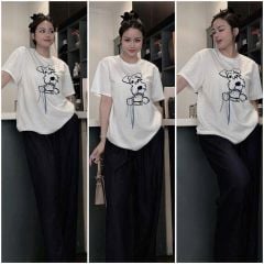 KS0862-Set áo thun trắng in cún đính charm, quần dài X.Đen