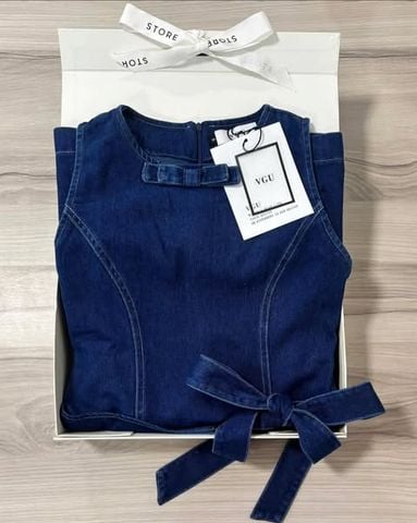 VGU0496-Đầm jean ngắn cột nơ eo