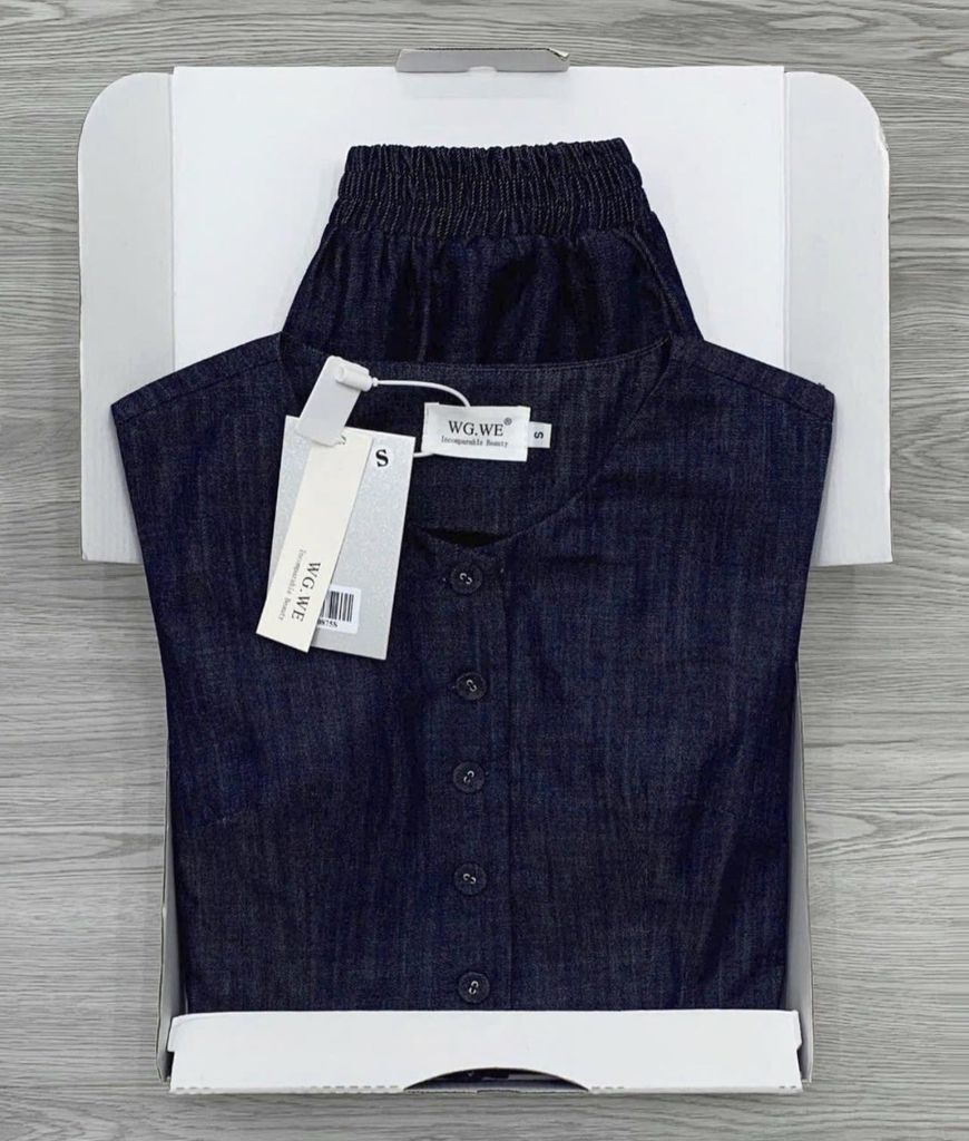 KS0875-Set jean, áo sát nách nút bọc +quần short X.Đen