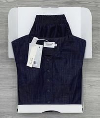 KS0875-Set jean, áo sát nách nút bọc +quần short X.Đen