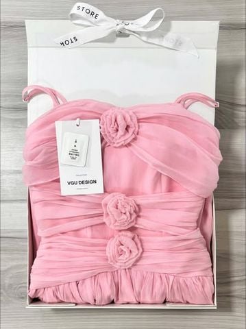 VGU0498-Đầm kiểu 2dây đính hoa Hồng