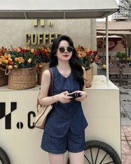 KS0875-Set jean, áo sát nách nút bọc +quần short X.Đen