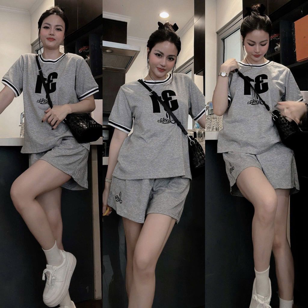 VGU0477-Set áo phối viền số 31, quần short thêu chữ Xám