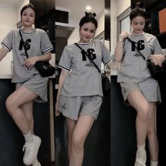 VGU0477-Set áo phối viền số 31, quần short thêu chữ Xám