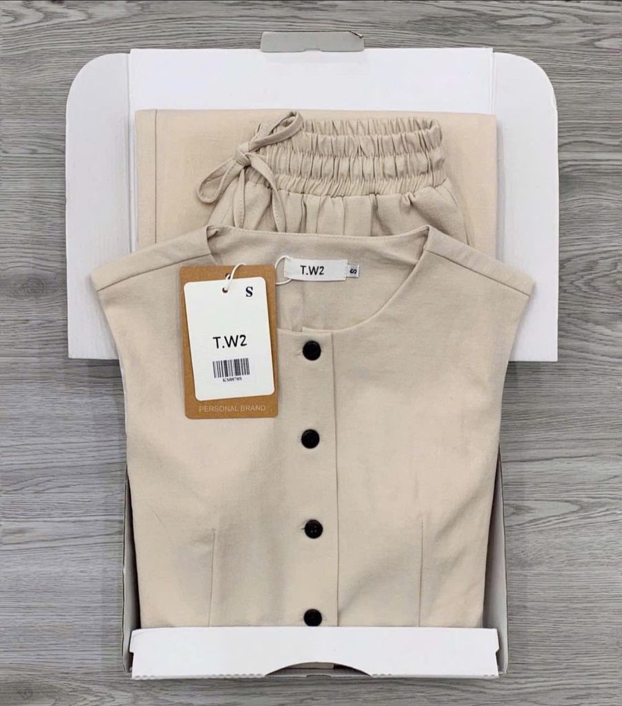 KS0870-Set basic, áo sát nách, quần suông Kem