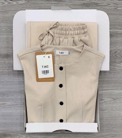 KS0870-Set basic, áo sát nách, quần suông Kem