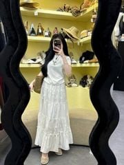 KS0911-Set áo thun đính hoa, CV tầng thêu CC Trắng (full trắng)