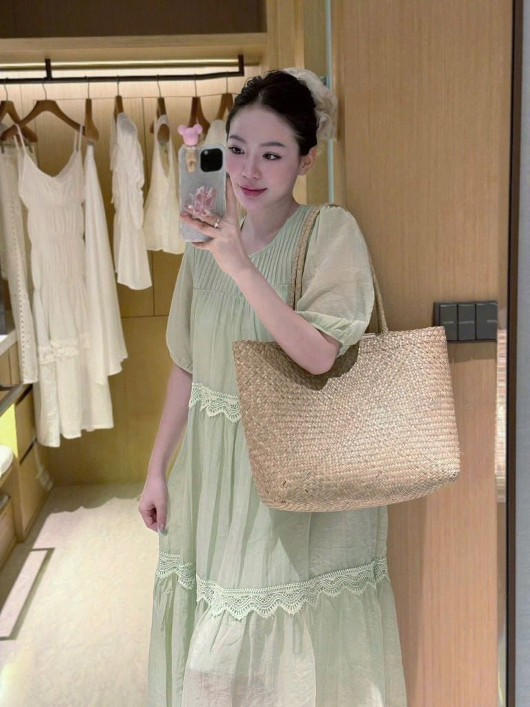 KS0914-Đầm tơ babydooll li ngực  phối viền ren Xanh