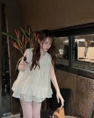 VGU0512-Set áo babydoll phối ren đan dây, quần short Kem