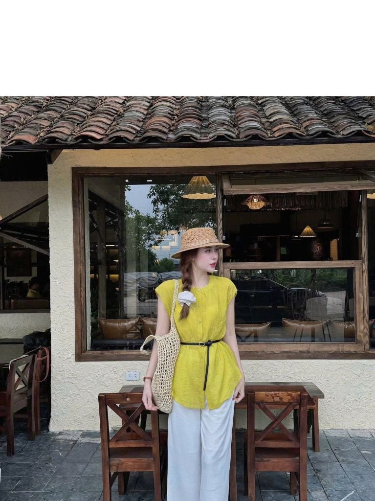 KS0894-Set áo sơ mi tay liền, quần suông Trắng + nịt