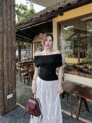 KS0896-Set áo bẹt vai, CV tầng thêu hoa Trắng (áo đen)