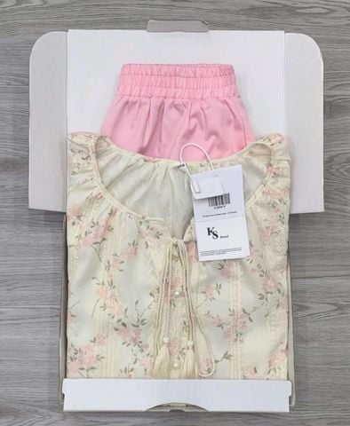 KS0887-Set áo hoa thêu, quần short Hồng