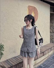 VGU0516 - SET ÁO GILE PHỐI TÚI + QUẦN SHORT XÁM ĐẬM