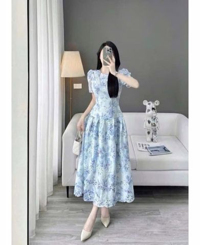 KS0821-Đầm kate thêu họa tiết hoa Xanh