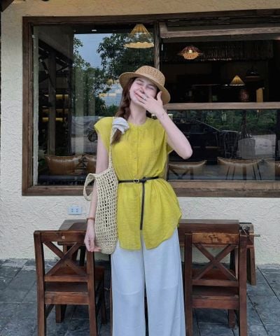KS0894-Set áo sơ mi tay liền, quần suông Trắng + nịt