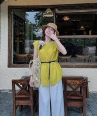KS0894-Set áo sơ mi tay liền, quần suông Trắng + nịt