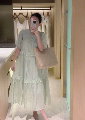 KS0914-Đầm tơ babydooll li ngực  phối viền ren Xanh