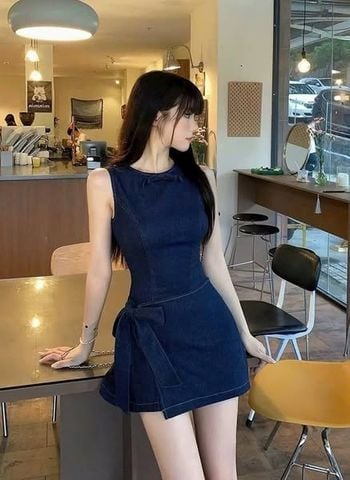 VGU0496-Đầm jean ngắn cột nơ eo