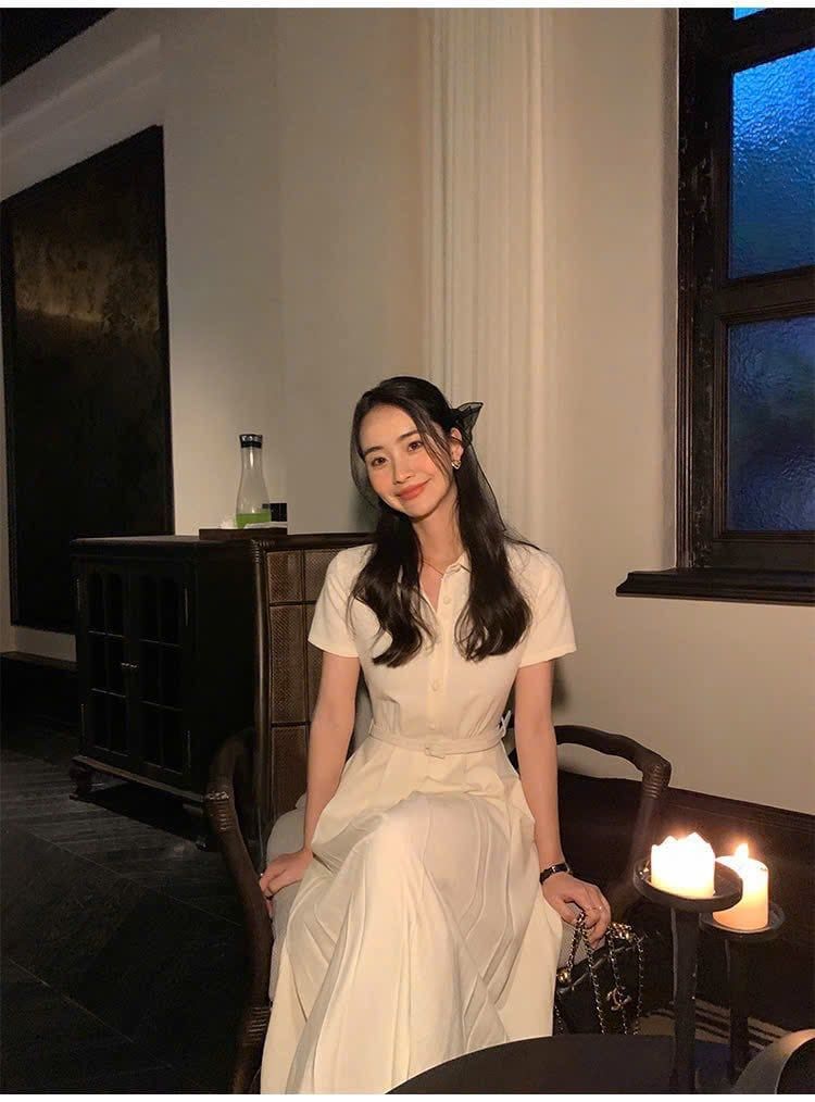 KS0864-Đầm dài cổ sơ mi + đai Kem