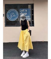 TQ4357 - SET ÁO BODY SÁT NÁCH ĐEN + CHÂN VÁY XÒE VÀNG