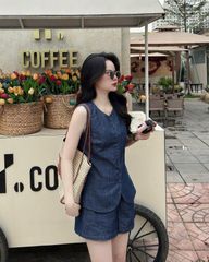 KS0875-Set jean, áo sát nách nút bọc +quần short X.Đen