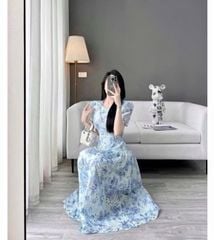 KS0821-Đầm kate thêu họa tiết hoa Xanh