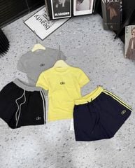 KS0913-Set áo thun body thêu alo Vàng, quần short phối viền sọc Xanh Than