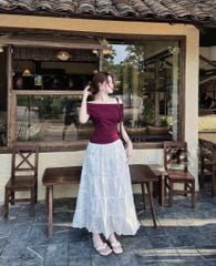 KS0897-Set áo bẹt vai, CV tầng thêu hoa Trắng (áo đỏ)