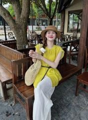KS0894-Set áo sơ mi tay liền, quần suông Trắng + nịt