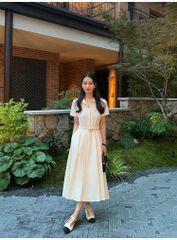 KS0864-Đầm dài cổ sơ mi + đai Kem