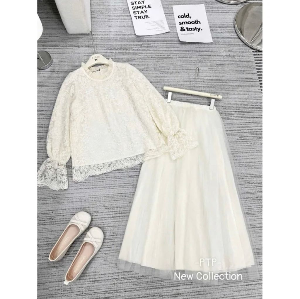 LEN1441 SET ÁO REN CỔ NGỌC, CV TÙNG LƯỚI DÀI KEM