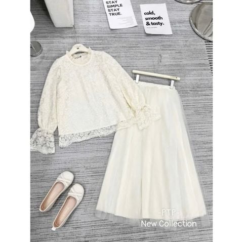 LEN1441 SET ÁO REN CỔ NGỌC, CV TÙNG LƯỚI DÀI KEM