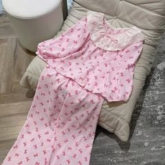 TQ4222-Set bộ caro áo phối bèo, quần dài họa tiết nơ Hồng