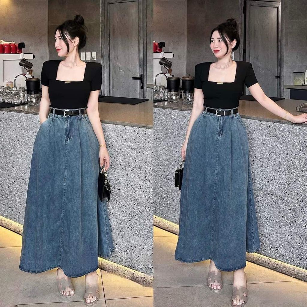 VGU6078 SET ÁO THUN ĐEN + VÁY DÀI JEAN + NỊT