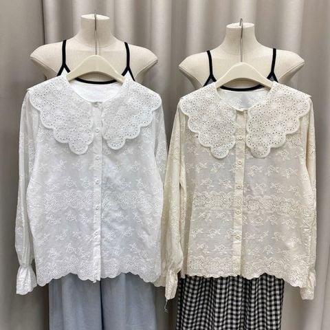 LEN1227 ÁO HOA ĐÀO THÊU NỔI (KEM)