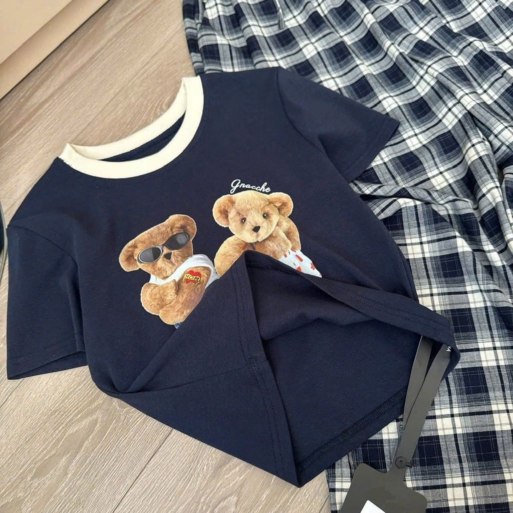 TB8541 SET ÁO THUN GẤU, QUẦN DÀI CARO