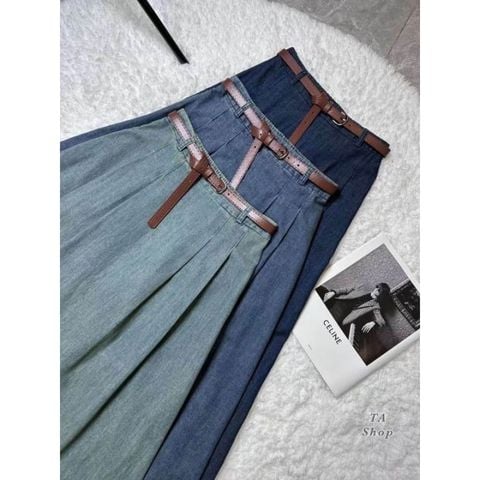 LEN1023 CHÂN VÁY JEAN QC DÁNG DÀI + NỊT (Xanh)