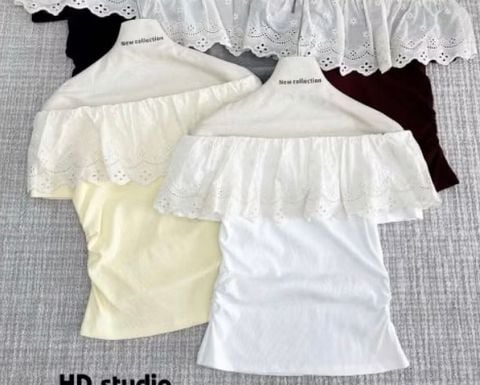 LEN1961 ÁO THUN BẸT VAI CHOÀNG REN (VÀNG)