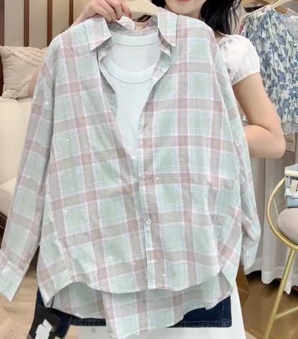 LEN2978 SƠMI CARO ĐÍNH ĐÁ + ÁO DÂY (x.lá)